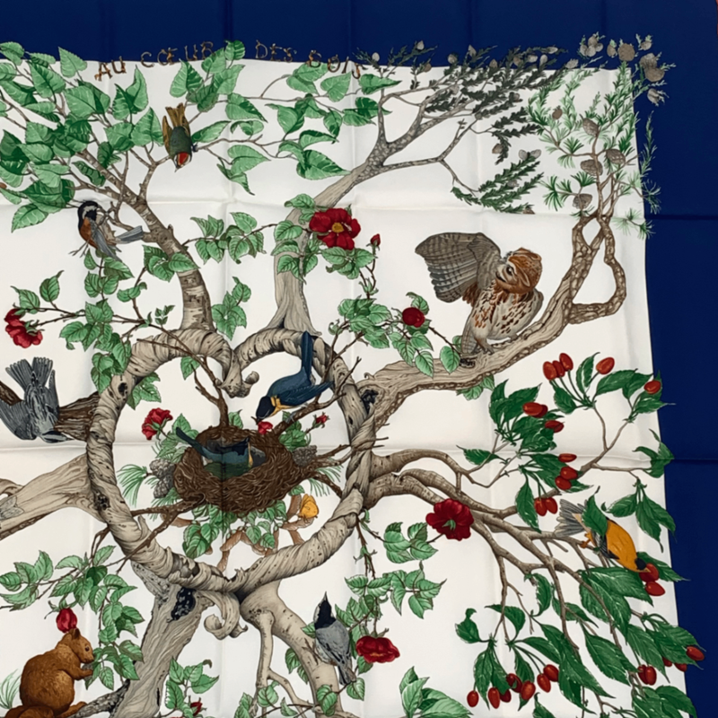 Hermes Carre 90 Silk U Coeur DES BOIS In The Woods Scarf Navy