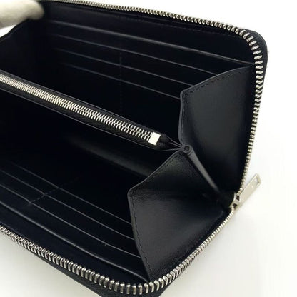 Celine Logo Leather Round Zip Leather Black Wallet Silver