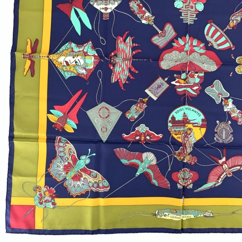 Hermes Carree 90 Soies Volantes Big Sky Silk Scarf 100% Silk Navy Khaki And