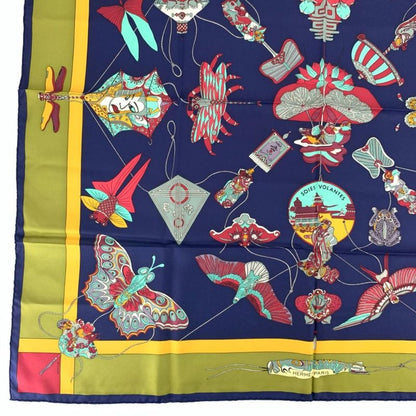 Hermes Carree 90 Soies Volantes Big Sky Silk Scarf 100% Silk Navy Khaki And