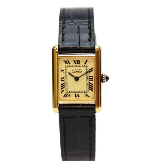 Cartier Watch Vintage Must Tank 76-81 Vermeil SM Roman Ivory Dial Manual Winding Leather