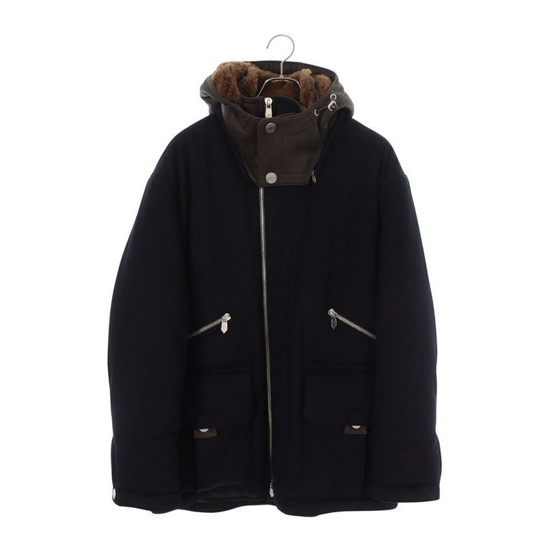 Hermes Lamb Leather Hooded Padded Cashmere Zip Coat 48