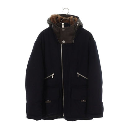 Hermes Lamb Leather Hooded Padded Cashmere Zip Coat 48