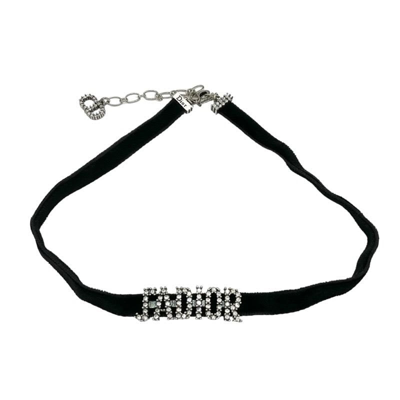 Christian Dior Ja Necklace Pendant Choker Black Silver Velvet Rhinestone