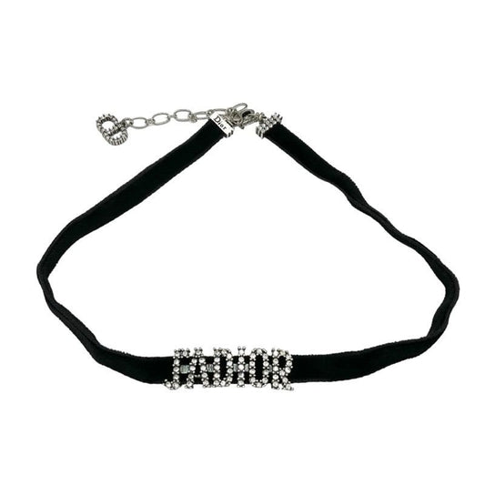 Christian Dior Ja Necklace Pendant Choker Black Silver Velvet Rhinestone