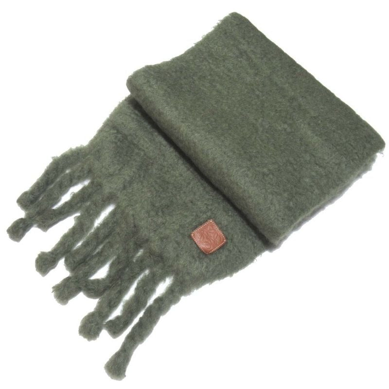 Loewe Anagram Patch Mohair Knit Fringe Scarf X28 Dusty Olive