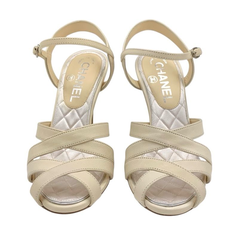 Chanel Sandals Shoes Leather Ivory Coco Mark Rhinestone