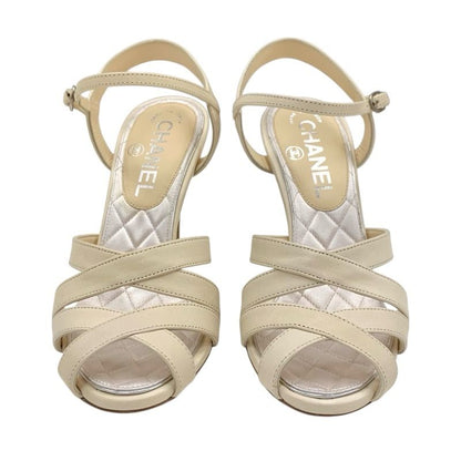 Chanel Sandals Shoes Leather Ivory Coco Mark Rhinestone