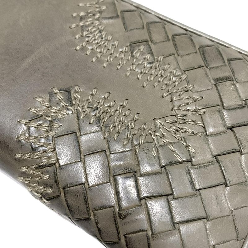 Bottega Veneta Long Wallet Intrecciato 114076 Grey Beige Round Zipper Leather