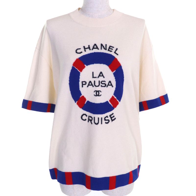 CHANEL P60520 100% Cashmere LA Pausa Coco Logo Short Sleeves Knit Ivory Blue