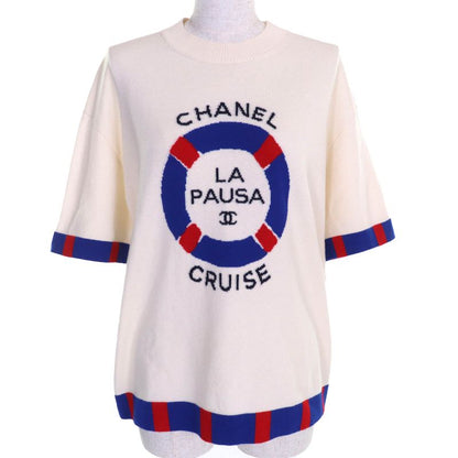 CHANEL P60520 100% Cashmere LA Pausa Coco Logo Short Sleeves Knit Ivory Blue