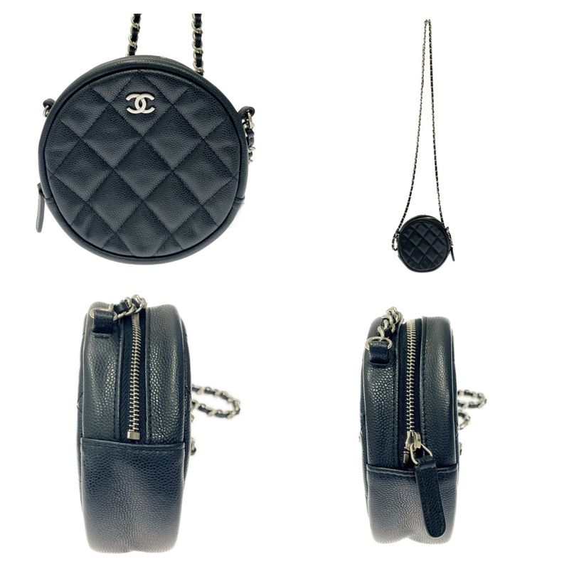 Chanel Matelasse Caviar Skin Coco Mark Round Chain Shoulder Bag Black 367857