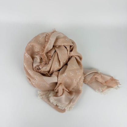 Louis Vuitton Shawl Monogram Pink Silk Wool Vintage Scarf