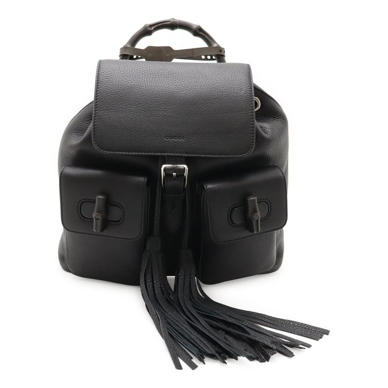 Gucci Bamboo Backpack Shoulder Bag Fringe Tassel Leather Black