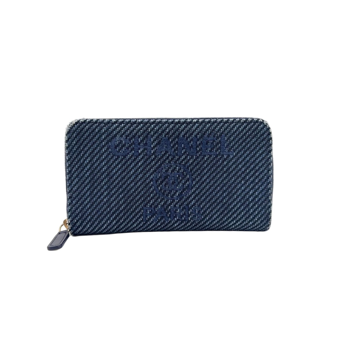 Chanel Zip Around Deauville Leather Canvas Navy Wallet Gold Handbag