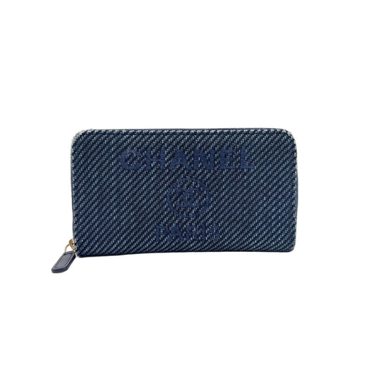 Chanel Zip Around Deauville Leather Canvas Navy Wallet Gold Handbag