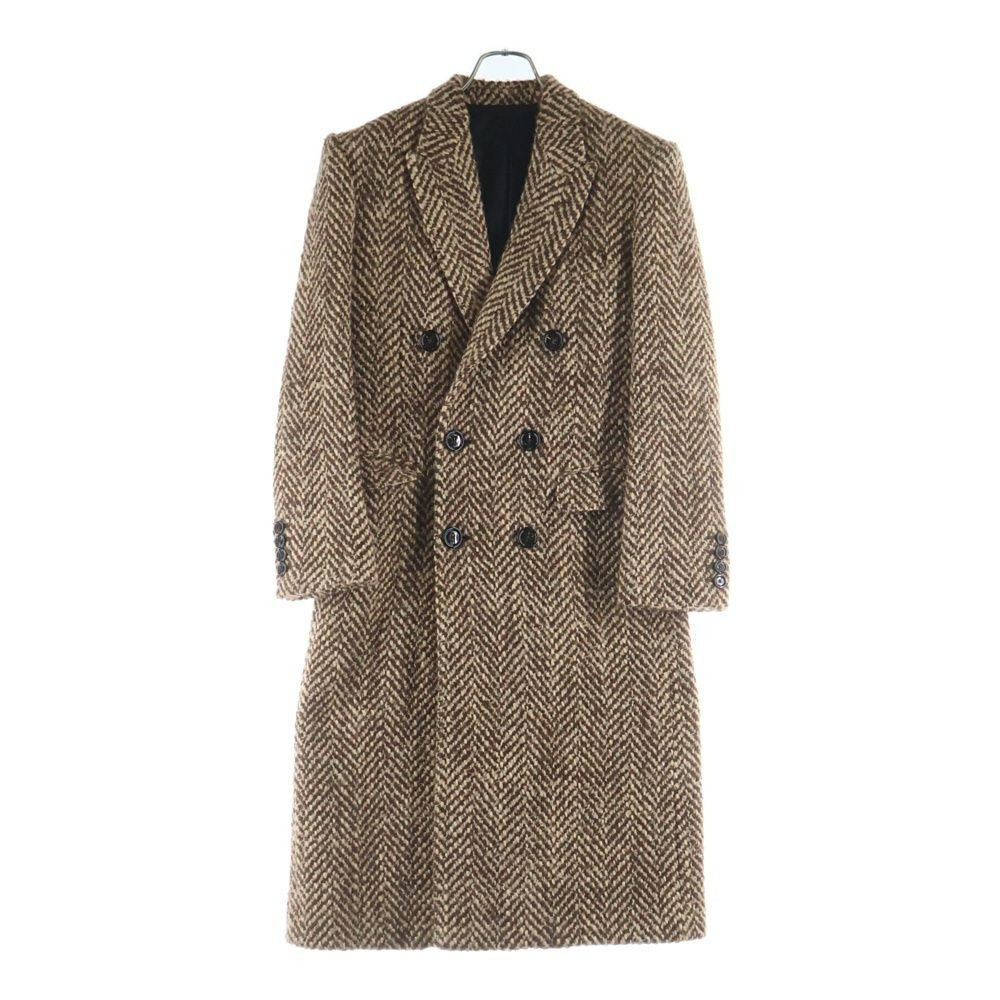 Celine Double Pocket Peak Lapel Herringbone Long Coat Brown