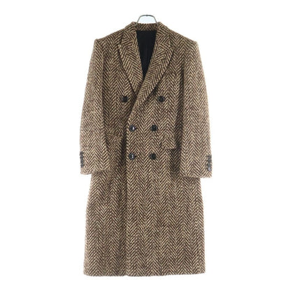 Celine Double Pocket Peak Lapel Herringbone Long Coat Brown