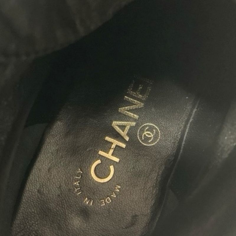 Chanel Boots Short Boots Shoes Leather Velor Black Coco Mark Pearl Lace Up