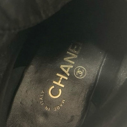 Chanel Boots Short Boots Shoes Leather Velor Black Coco Mark Pearl Lace Up