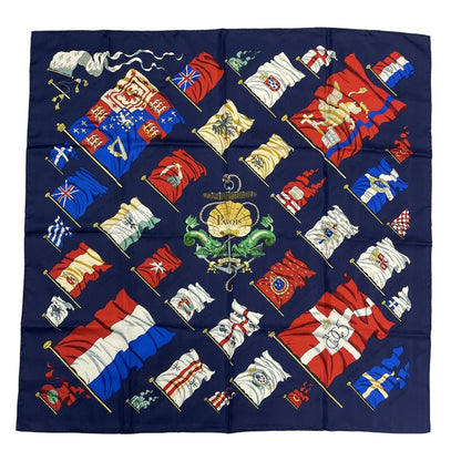 Hermes Carre 90 Pavois Flag Scarf Silk Navy