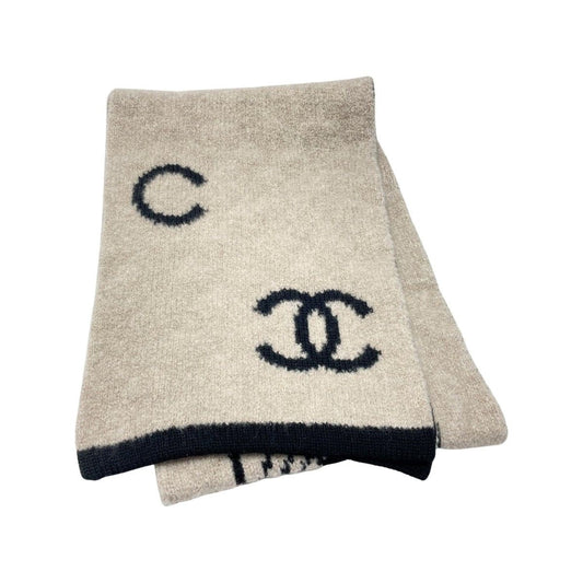 Chanel Logo Camellia Muffler Beige Black Wool Cashmere Silk Stole Scarf