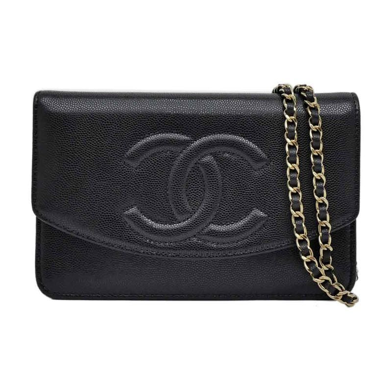 Chanel Chain Wallet Ap4653 Grained Shiny Calfskin Black Gold Hardware