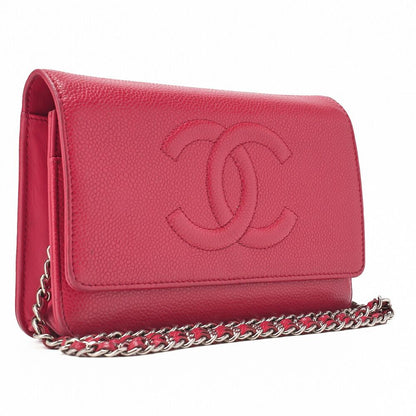 Chanel Shoulder Bag Chain Wallet Caviar Skin Rose Pink Silver Hardware Push