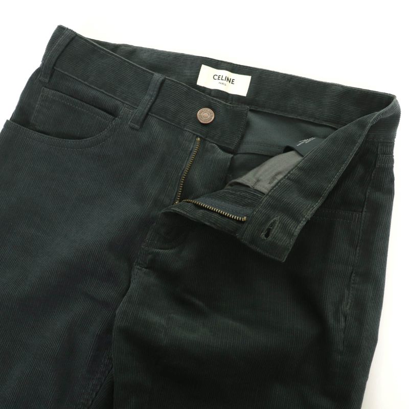 Celine 100% Cotton Corduroy Flared Pants Bottoms Dark Green 24 Made In Italy