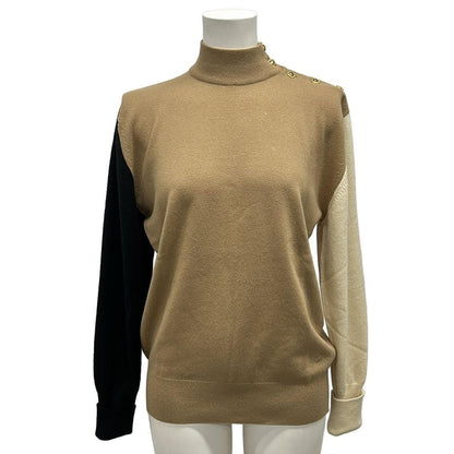 Chanel Long Sleeve Sweater 2 M Light Brown Black Ivory Clover Button Cashmere