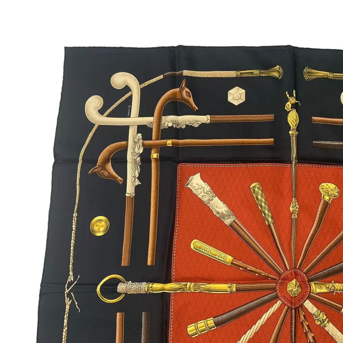 Hermes Carre 90 Cannes & pommeaux Cane Pattern Silk Black Scarf — view 2
