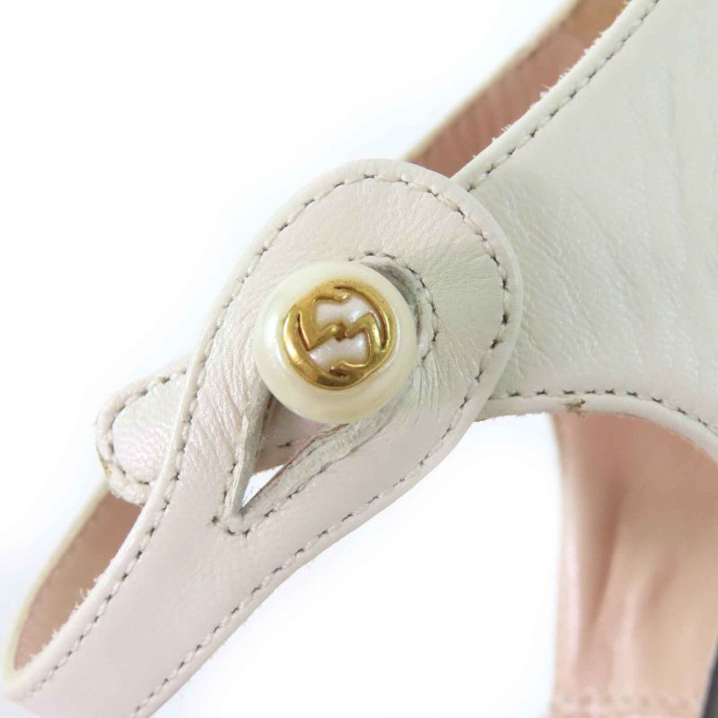 Gucci 447599 Leather Interlocking G Pearl Ankle Strap Round Toe Pumps Ivory 37