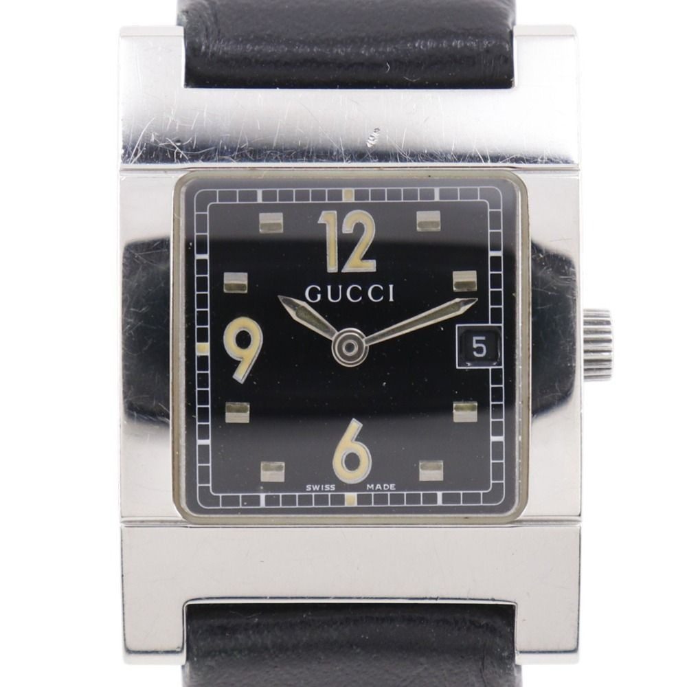 Gucci Stainless Steel Leather Quartz Analog Display Black Dial Watch