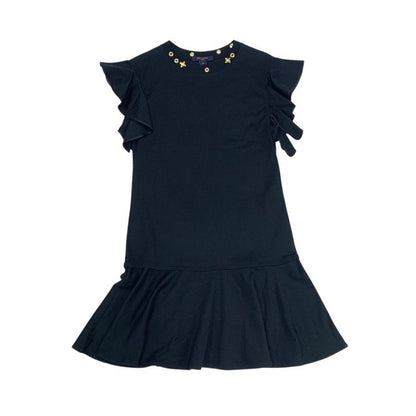Louis Vuitton Dress Cotton Black Gold Monogram Flower Ruffle