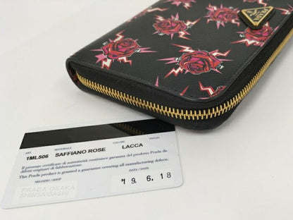 Prada Round Zipper Long Wallet Rose Saffiano Leather Black 1ml506