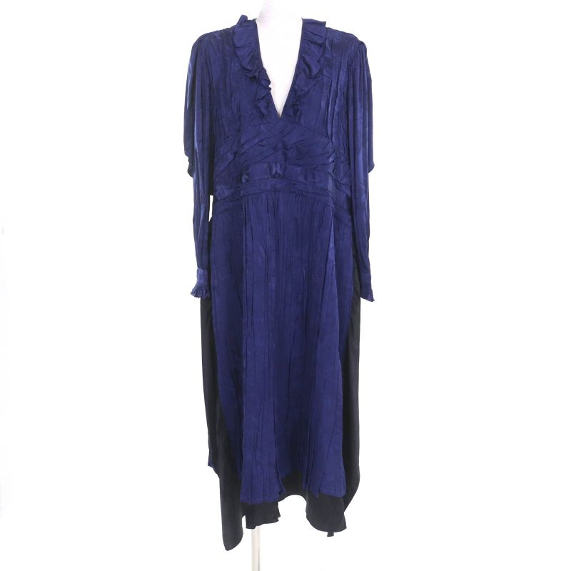 Balenciaga 2021 663002 Satin Jacquard Twill Panel Pleated Midi Dress Navy 36