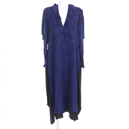 Balenciaga 2021 663002 Satin Jacquard Twill Panel Pleated Midi Dress Navy 36