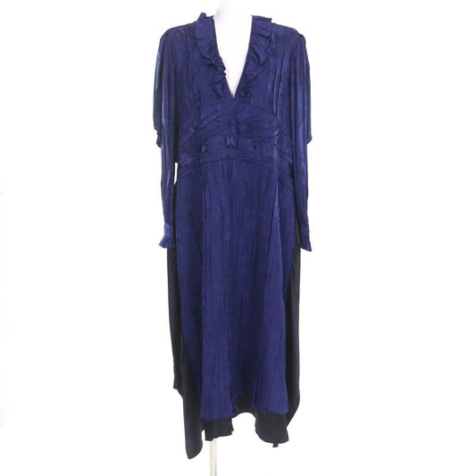 Balenciaga 2021 663002 Satin Jacquard Twill Panel Pleated Midi Dress Navy 36