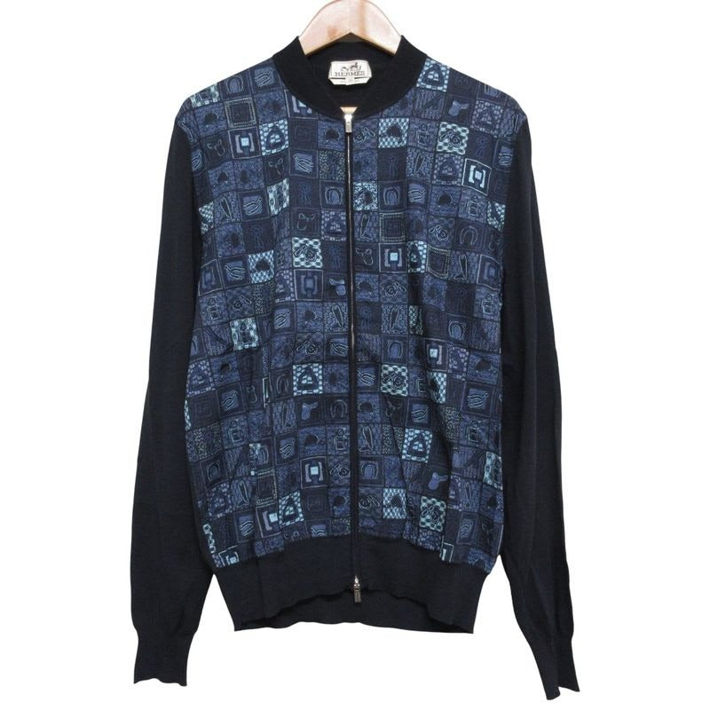 Hermes Allover Pattern Switching Knit Cotton Zip Up Blouson Jacket M Navy
