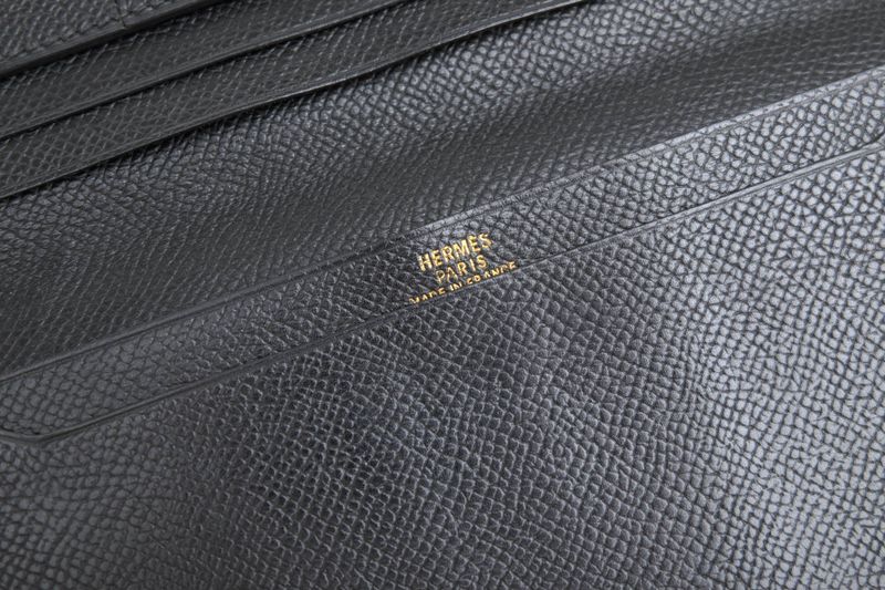 Hermes Long Wallet Men Leather Genuine Leather Black Mc2 Fleming No Change