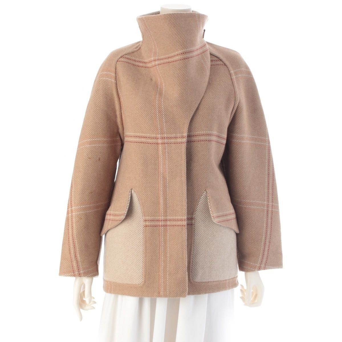 Hermes Cashmere Double Face Check Coat Jacket Beige Brown 34