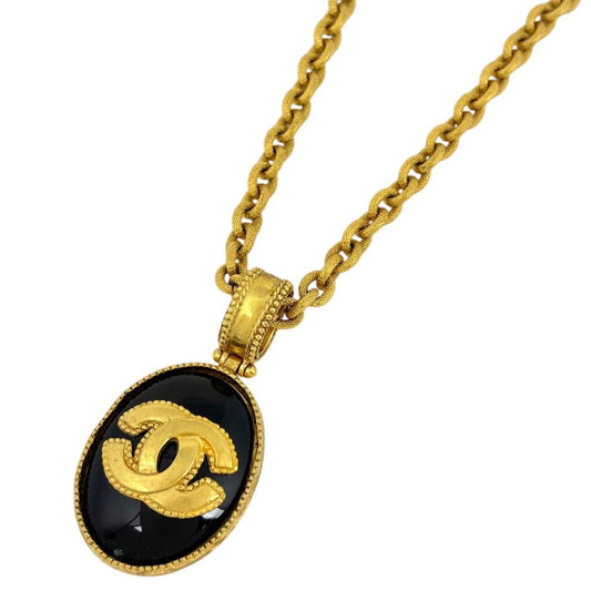 Chanel CC Logo Chain Necklace Long Color Stone Gold Plated Black