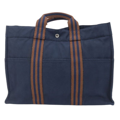 Hermes Tote Bag Fourre Tout MM Cotton Canvas Navy Brown Business Stylish Ladies