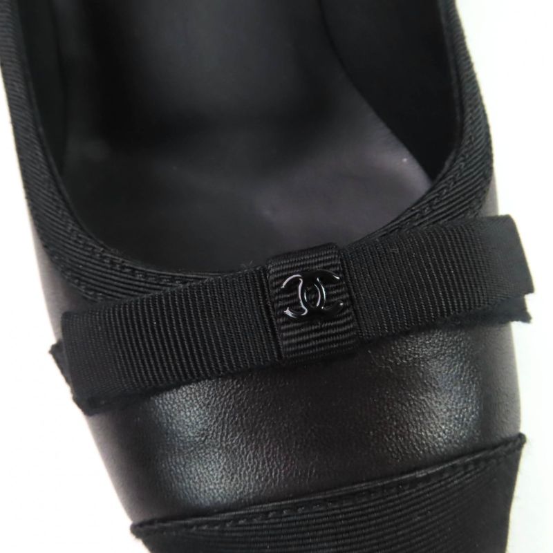CHANEL 09A G26728y01590 Coco Mark Ribbon Satin Switch Leather Pumps Black 35.5