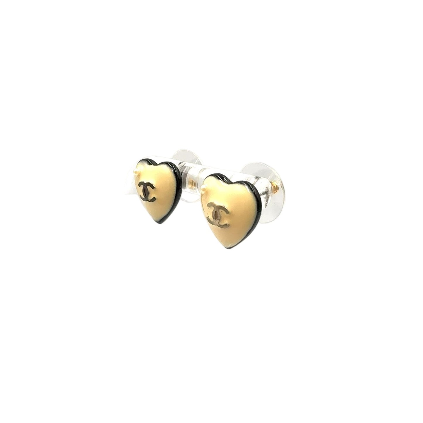 Chanel Heart CC Logo Faux Pearl Resin Black Beige White Earrings Gold — view 2