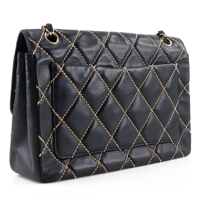 Chanel Wild Stitch Double Chain Shoulder Leather Black Women's Shoulder Bag