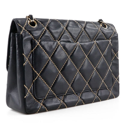Chanel Wild Stitch Double Chain Shoulder Leather Black Women's Shoulder Bag