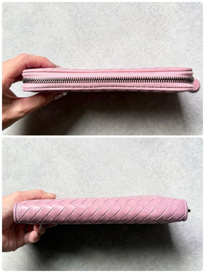 Bottega Veneta Round Zipper Long Wallet Intrecciato Pink Long Wallet Calf