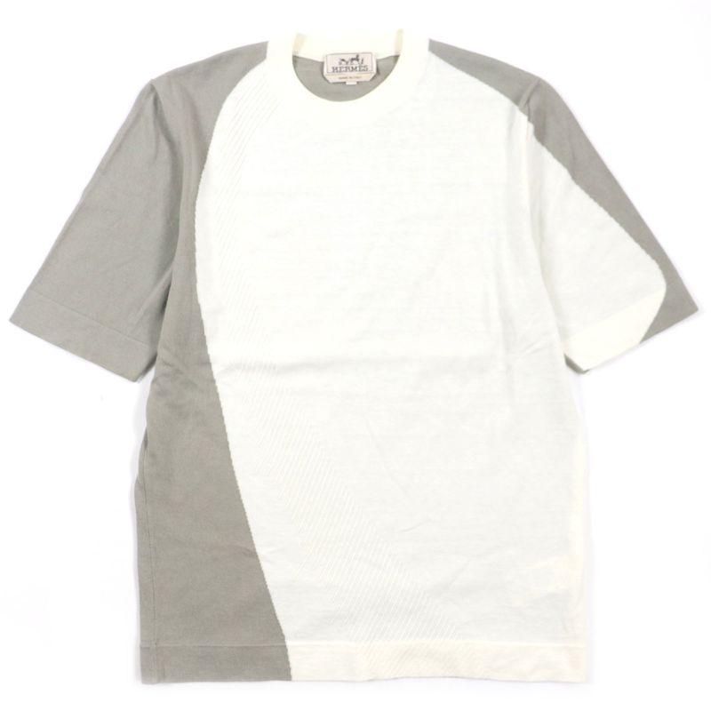 Hermes 22SS Cotton Cashmere Crew Neck Bicolor Short Sleeve Thermal Knit Ivory