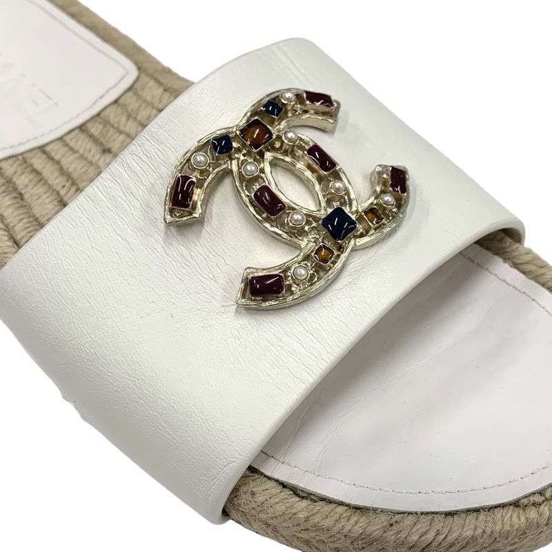 Chanel Sandals Shoes Leather White Gold Flat Sandals Coco Mark Colored Stone